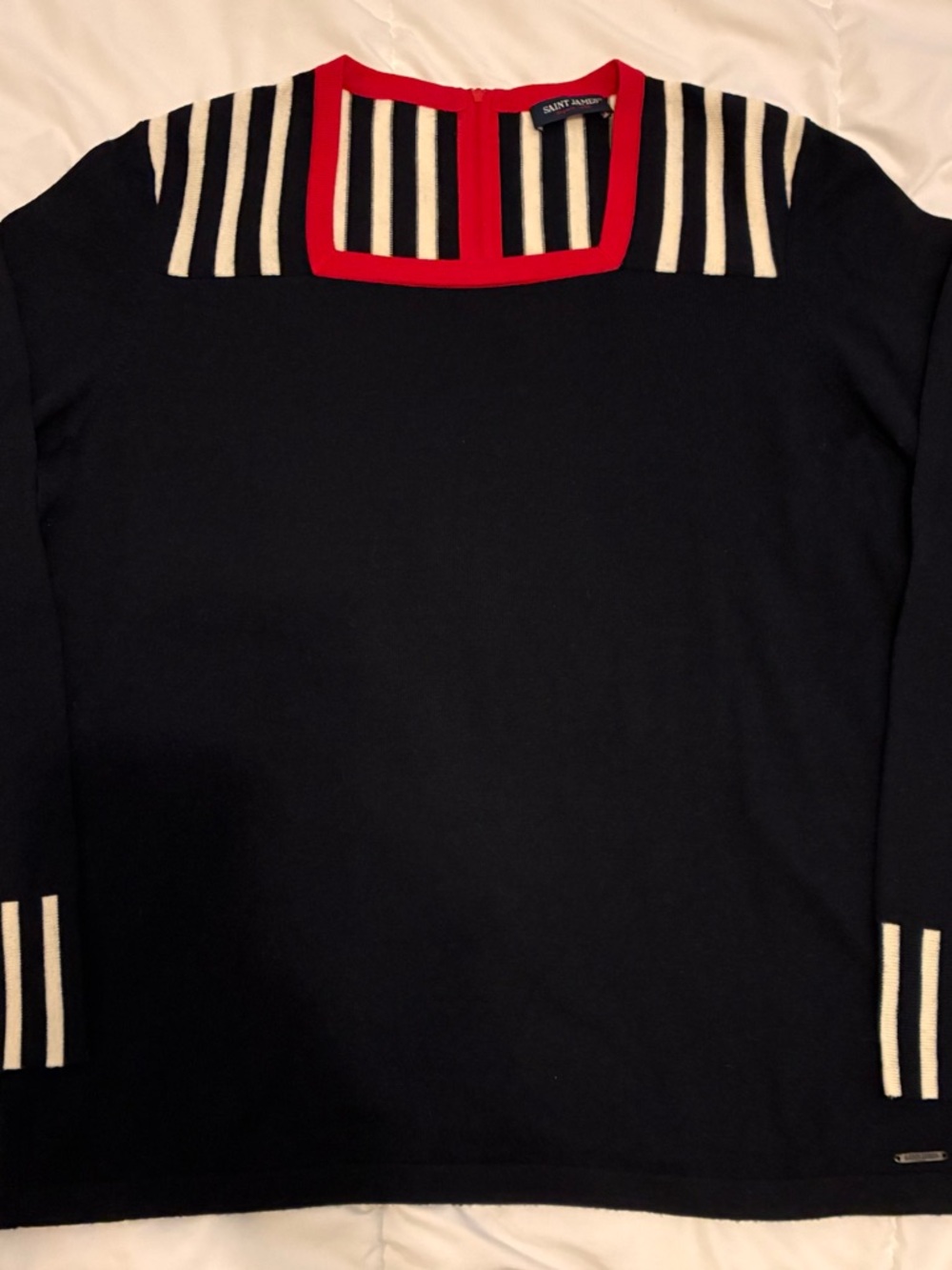 Saint James Women's Navy Knit with Red Square Neck Striped Wool Top Size 12